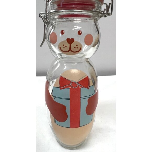 Vintage Bear-Shaped Glass Jar With Red Lid & Metal Clamp Closure For Kitchen Sto - Picture 1 of 4